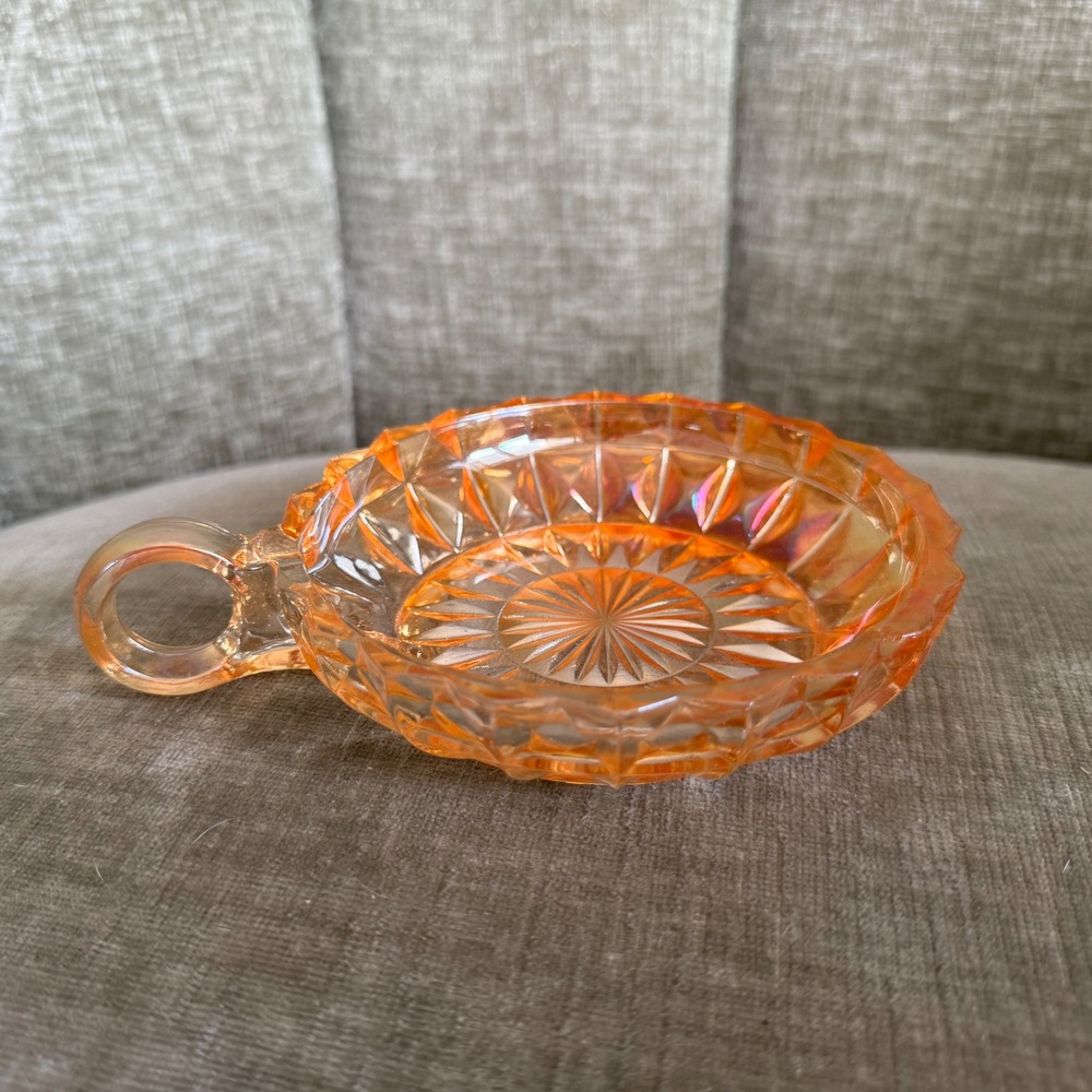 Vintage Marigold Carnival Glass Nappy Dish Iridescent Diamond Point Trinket Dish